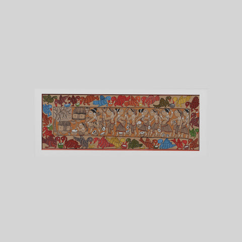 Santhal Painting Celebration of village, 29x11 Inches - Eyaas