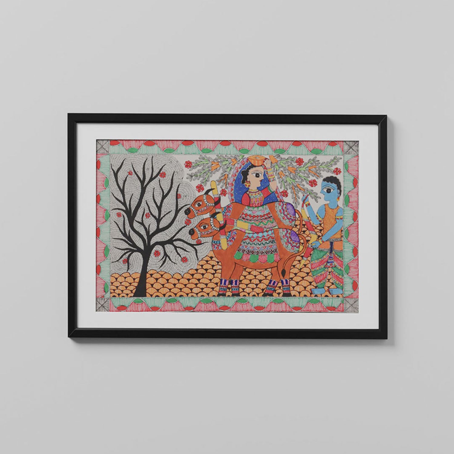 Madhubani Krishna with Cows, 22x15 Inches