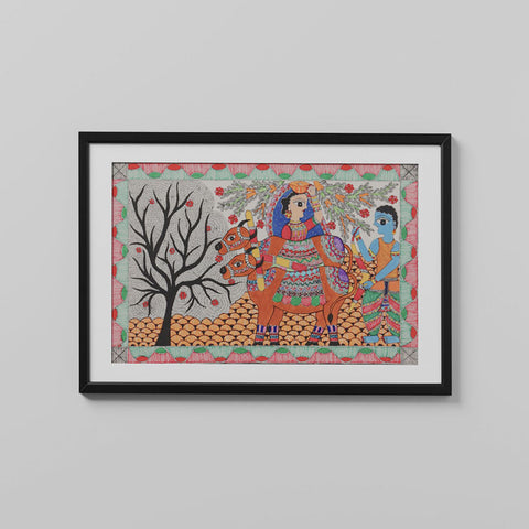 Madhubani Krishna with Cows, 22x15 Inches - Eyaas