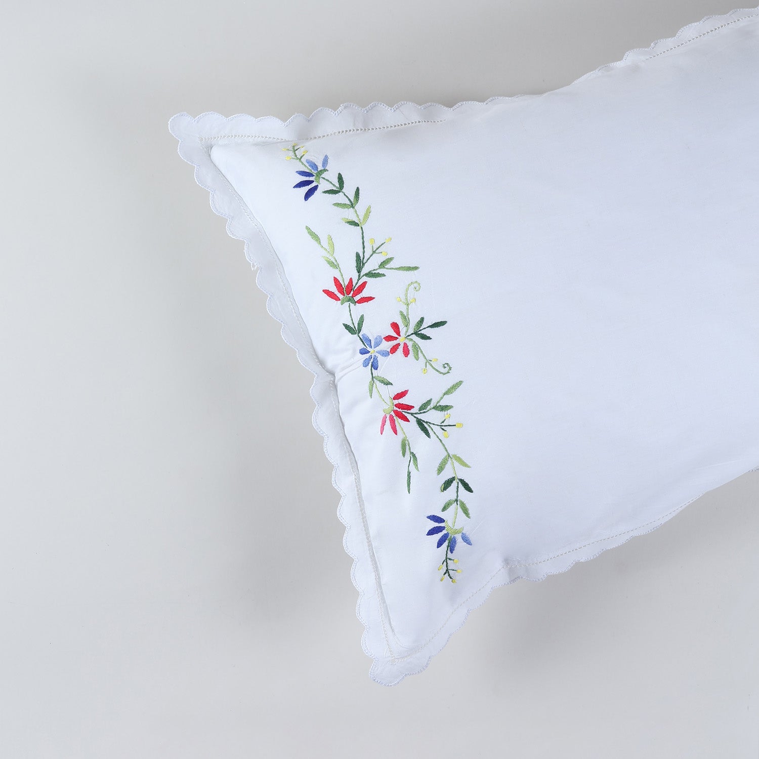 Close-up of multicoloured floral chikankari embroidery highlighting handcrafted threadwork on cotton fabric
