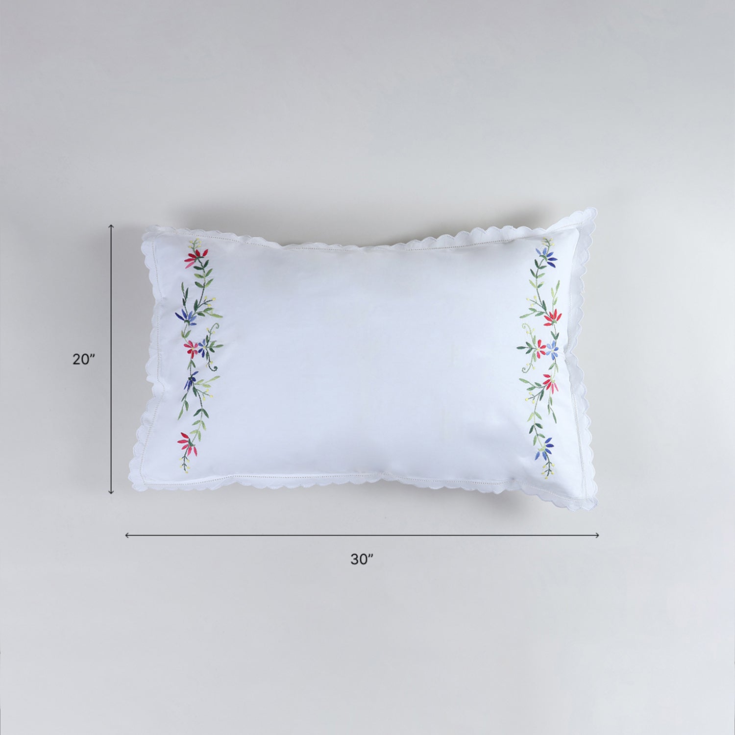 20x30 inch embroidered pillow case size guide featuring cotton construction and floral embroidery details