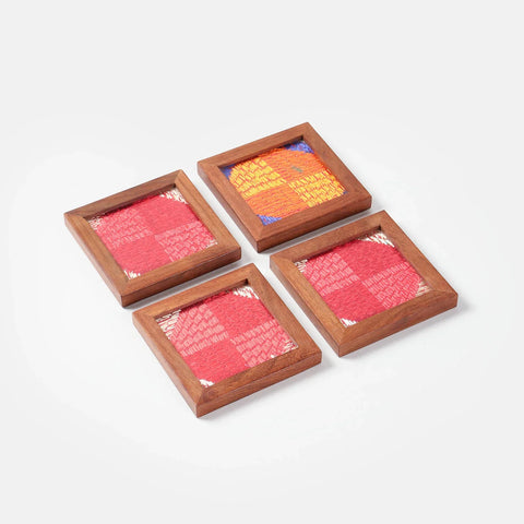 Wood & Phulkari handmade Sheesham wooden coasters set of 4 with colourful embroidery for tea cups and coffee mugs.