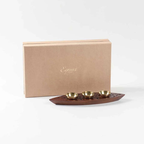 Handmade brassware and wooden decor tealight holder packed in a gift box for gifting and home styling