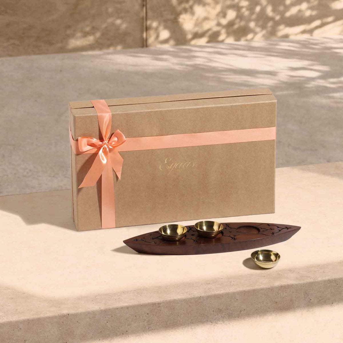 Wooden boat tealight holder styled with removable brass cups for home decor and gifting