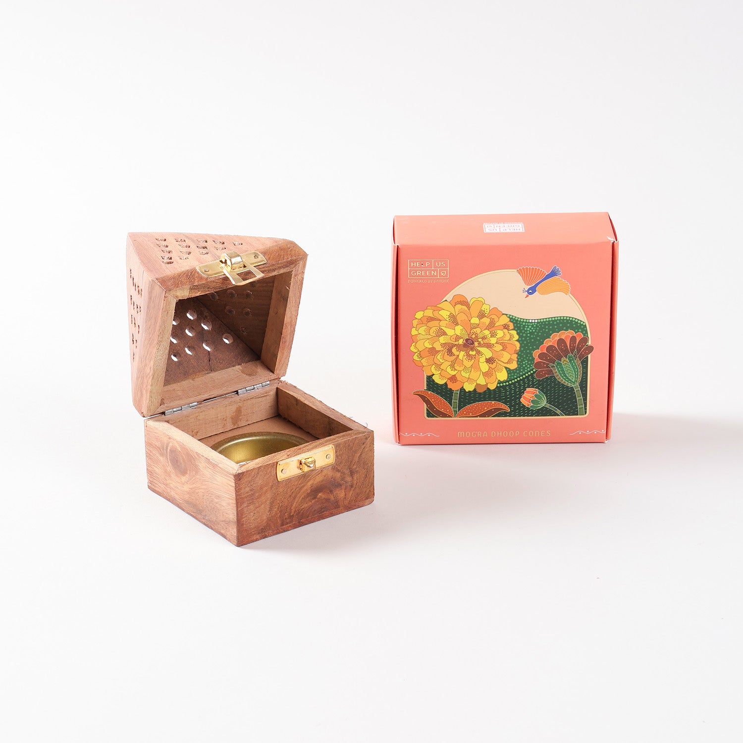 Handmade wooden incense burner with open lid paired with Mogra incense cones for home fragrance and puja rituals