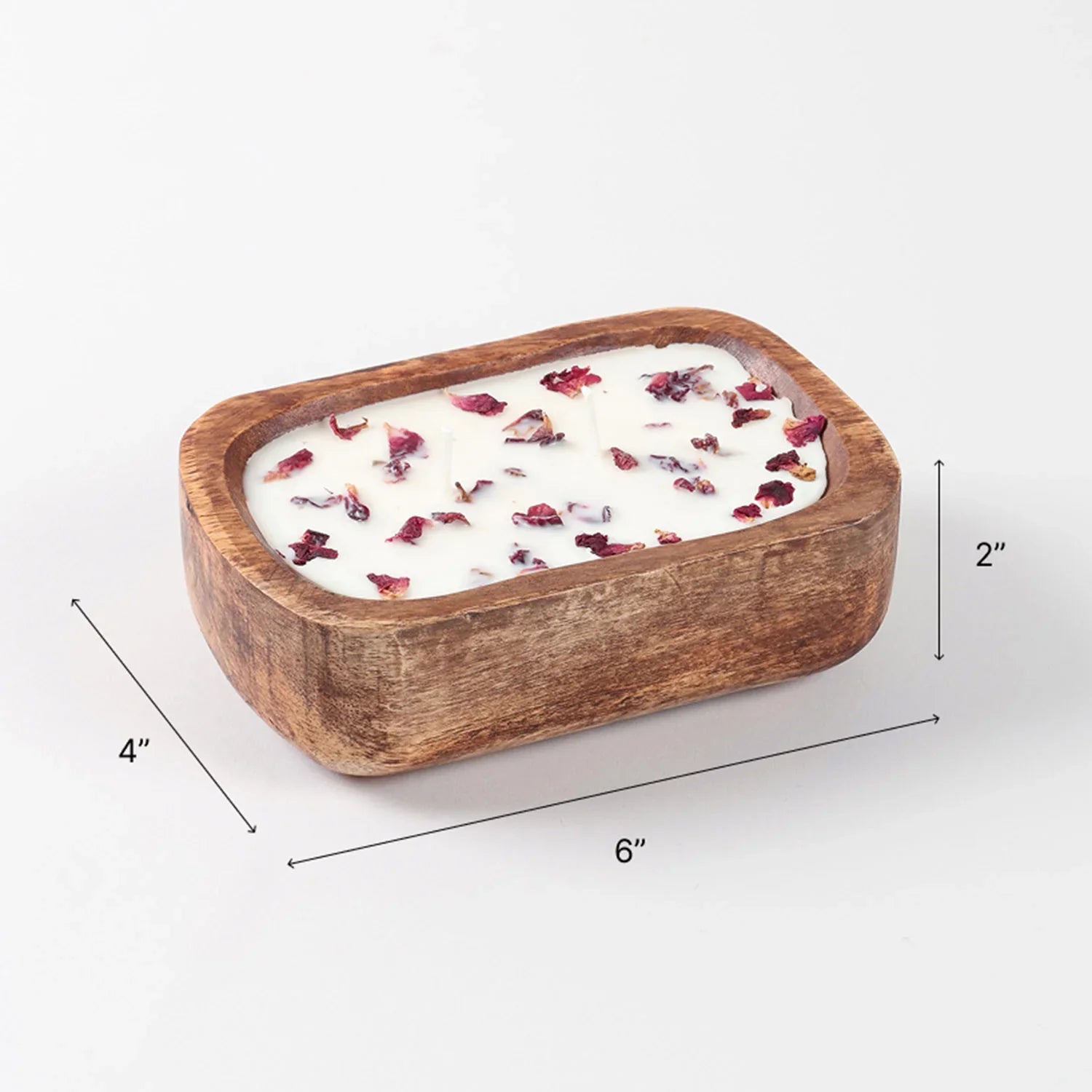 Dimension guide for rose scented wooden tub soy wax candle of 6 inches x 4 inches x 2 inches, showing product size and proportions