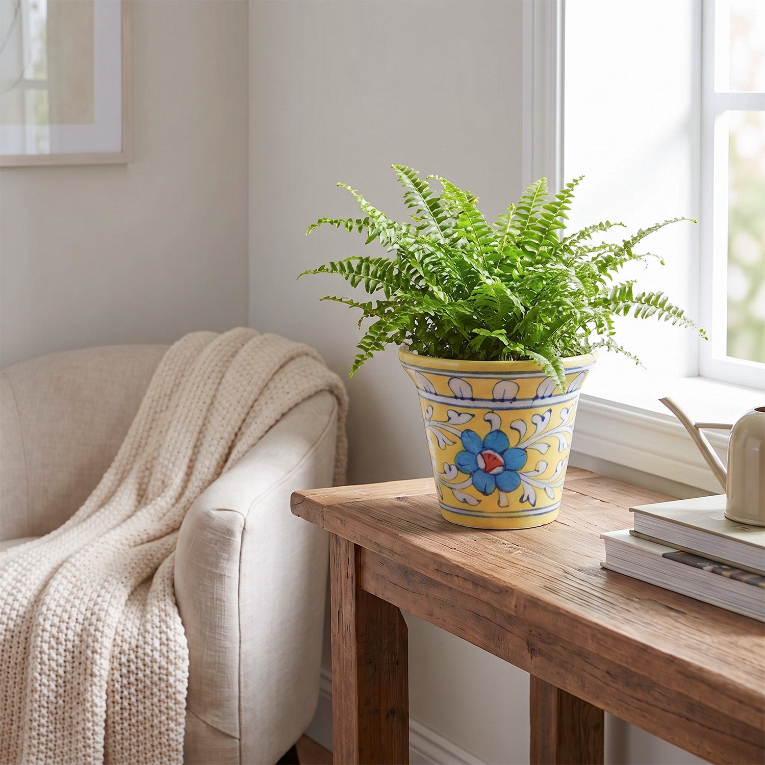 Yellow and blue Jaipur Blue Pottery planter styled on a balcony with a green plant