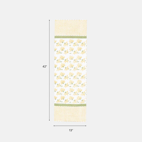 13 x 42 inch cotton 4-seater table runner size guide featuring a yellow floral hand block printed design