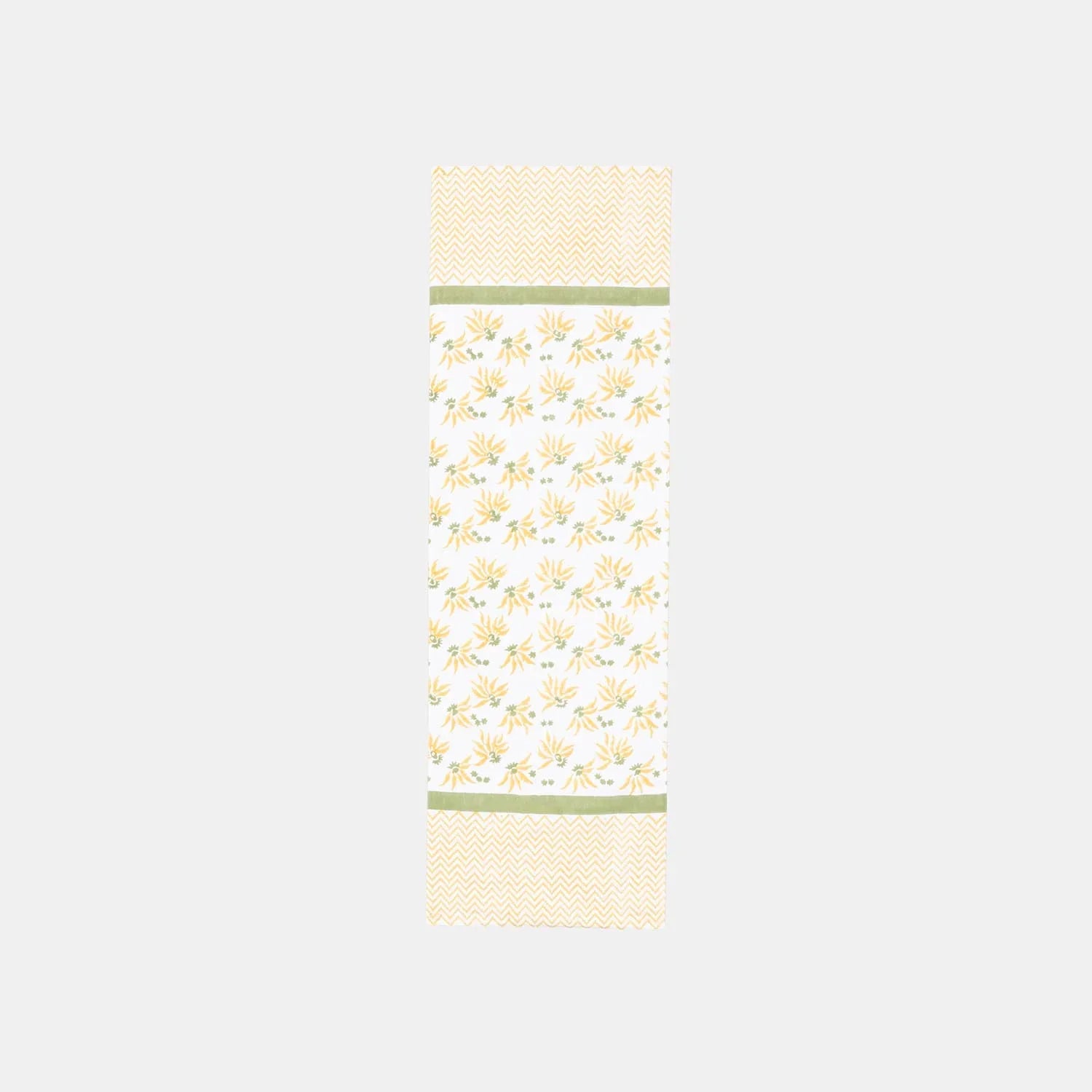 Full-size yellow floral block printed cotton table runner designed for compact dining tables and breakfast settings