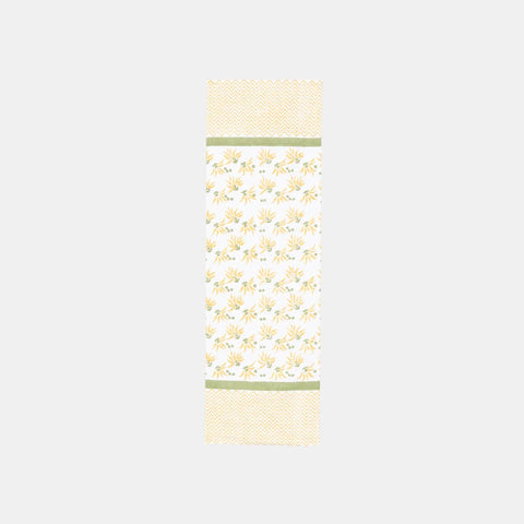 Full-size yellow floral block printed cotton table runner designed for compact dining tables and breakfast settings