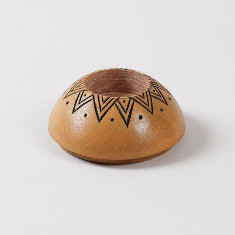 Yellow wooden T-light holder with a carved sun motif, handcrafted for Diwali decor, home decor, and decorative candle arrangements