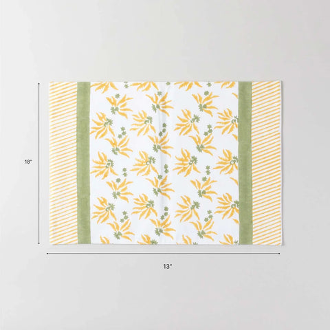 13 x 18 inch cotton placemat size guide featuring a yellow lily hand block printed floral design