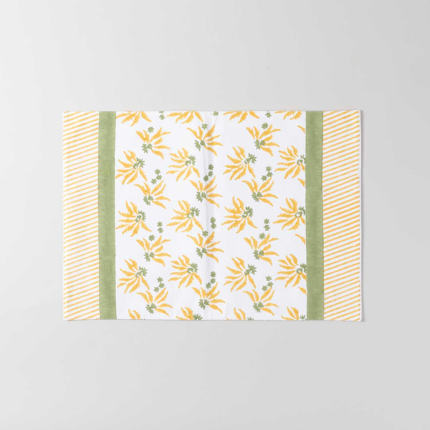 Full-size cotton placemat featuring yellow lily floral block print design on a white background