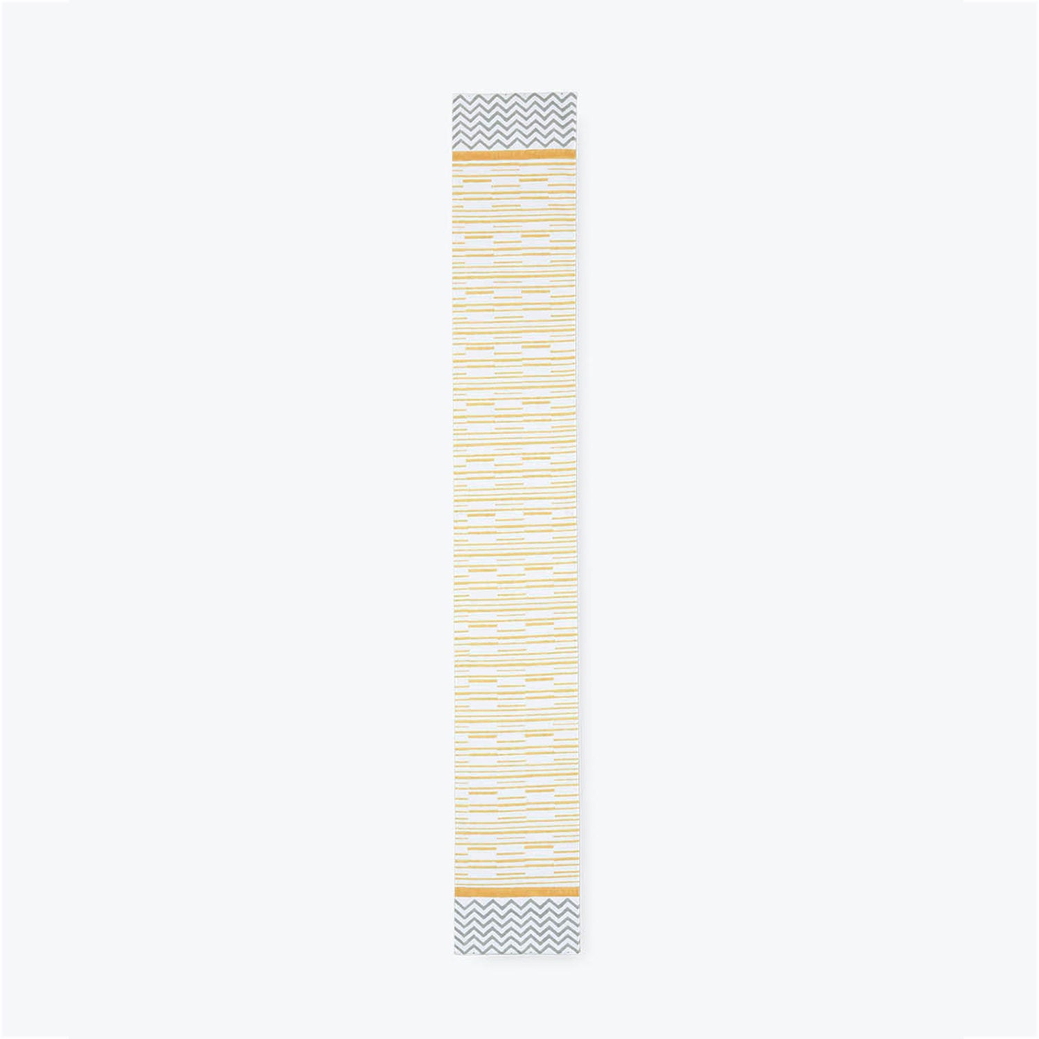 Full length cotton table runner with yellow striped design grey borders and orange side detailing