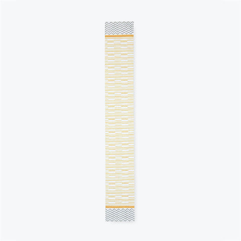 Full length cotton table runner with yellow striped design grey borders and orange side detailing