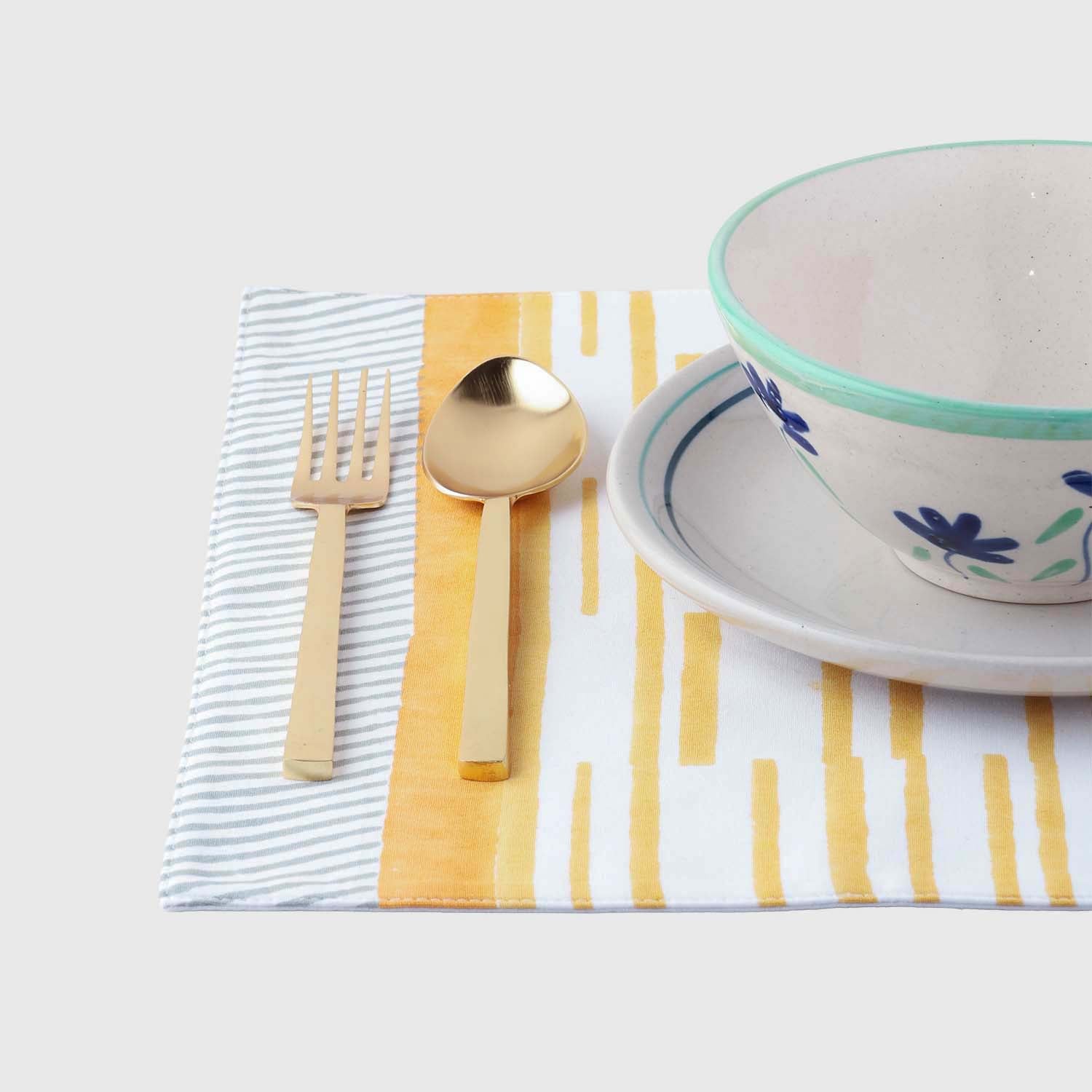 Yellow stripe hand block printed placemats for everyday dining and festive celebrations