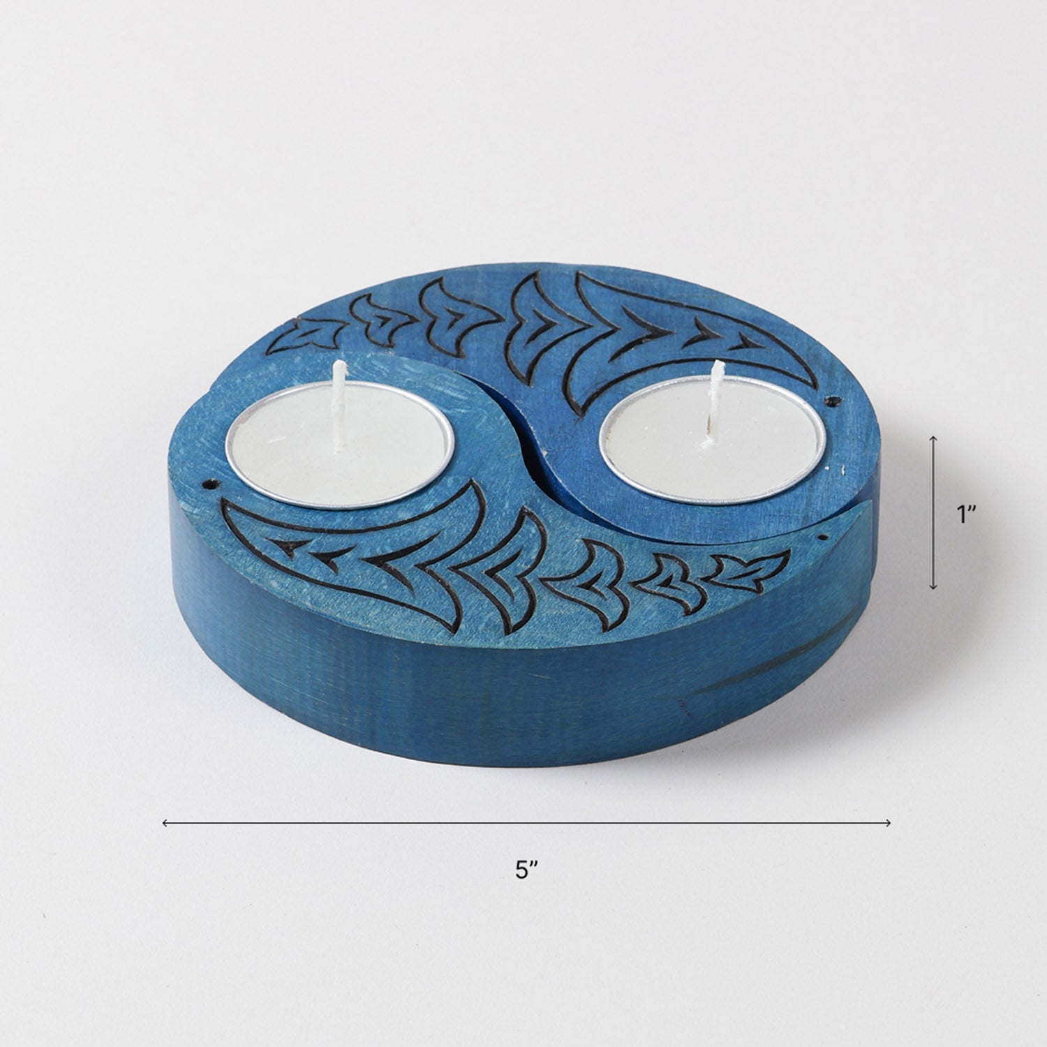 Size chart of Ying Yang bird wooden T-light holders showing dimensions of 5 x 2.5 x 1 inch each