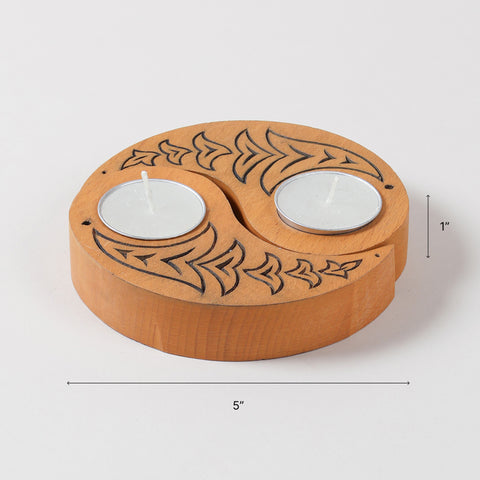 Size chart of Ying Yang bird wooden T-light holders showing dimensions of 5 x 2.5 x 1 inch each