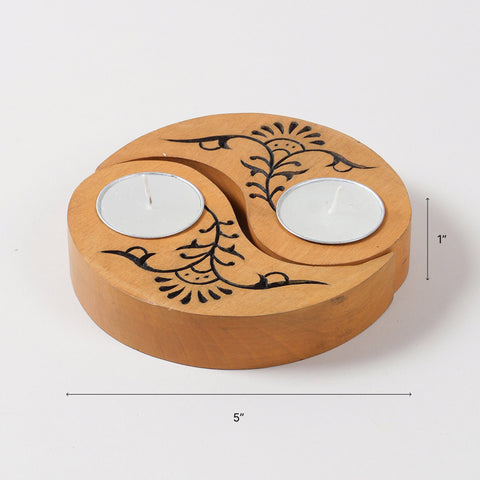 Size chart of Ying Yang floral wooden T-light holders showing dimensions of 5 x 2.5 x 1 inch each
