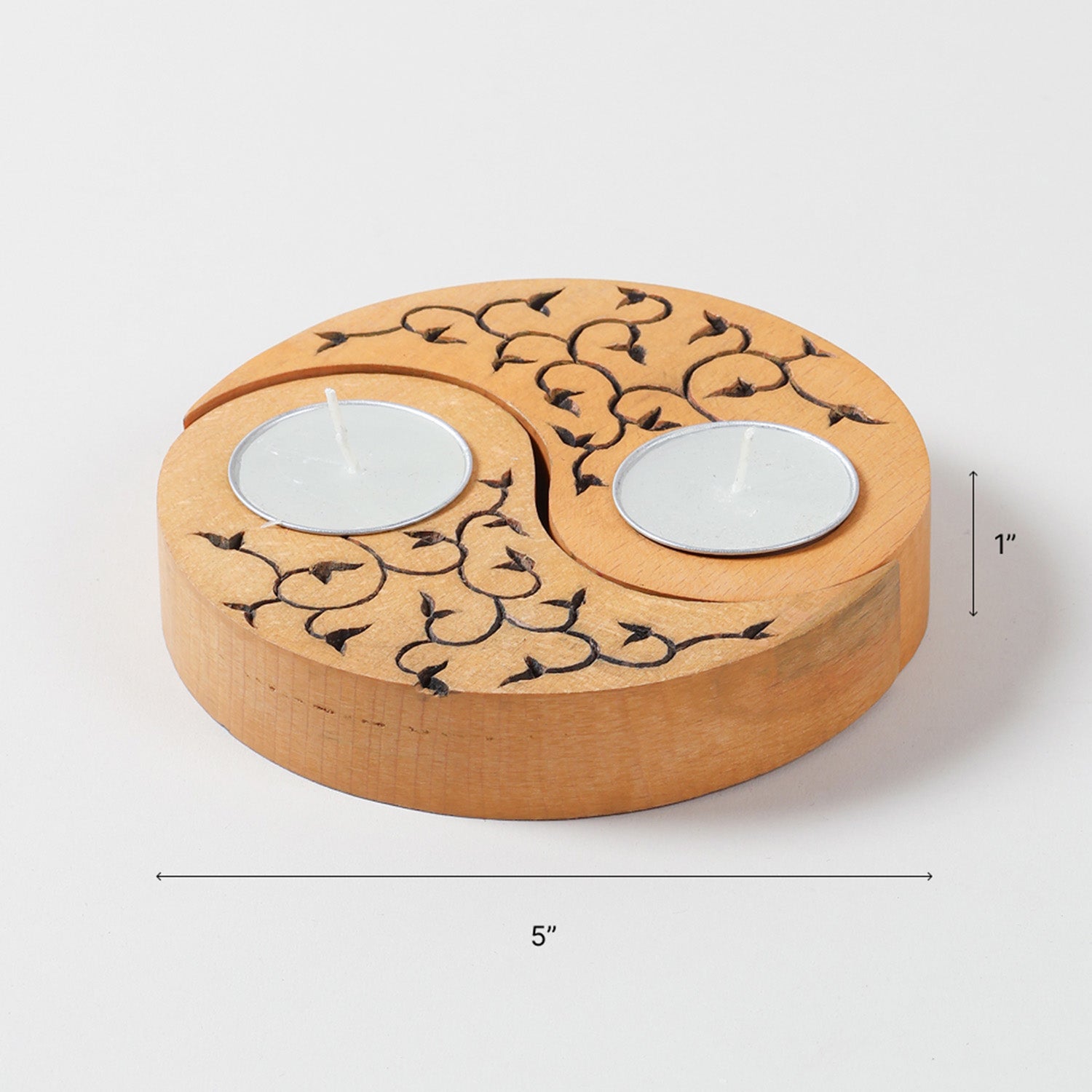 Size chart of Ying Yang leaves wooden T-light holders showing dimensions of 5 x 2.5 x 1 inch each