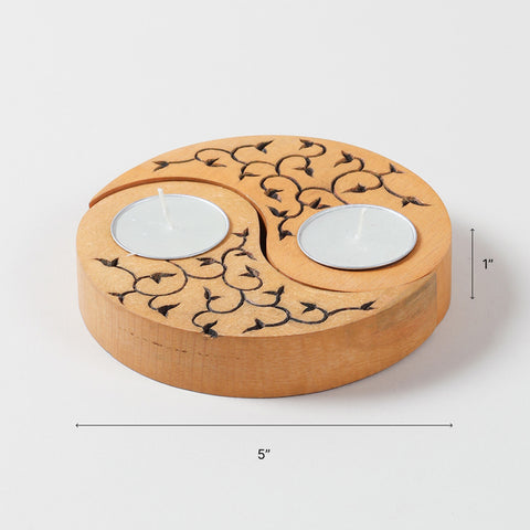 Size chart of Ying Yang leaves wooden T-light holders showing dimensions of 5 x 2.5 x 1 inch each