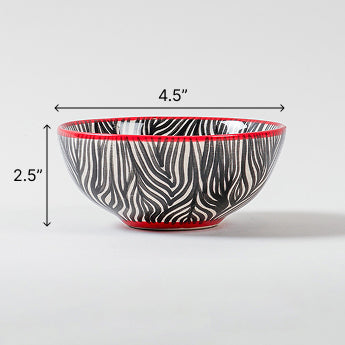 Size chart of Zebra Pattern ceramic bowls showing dimensions of 4.5 inches diameter and 2.5 inches height for each small serving bowl