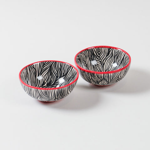 Zebra Pattern ceramic bowl set of 2 featuring handpainted black and white African-inspired artwork, ideal as snack bowls, small serving bowls, and stylish tableware