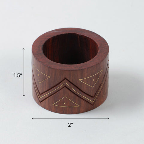 2 x 2 x 1.5 inch wooden napkin ring size guide with hand carved zig-zag design and brass inlay