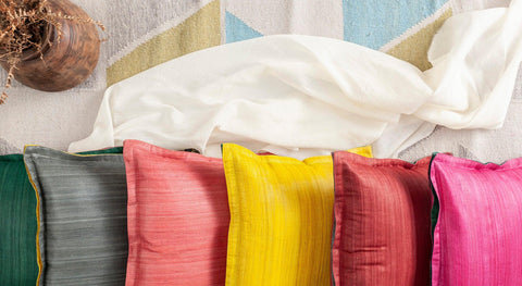 Tussar Silk Cushion Cover, 16x16, Grey with Yellow - Eyaas