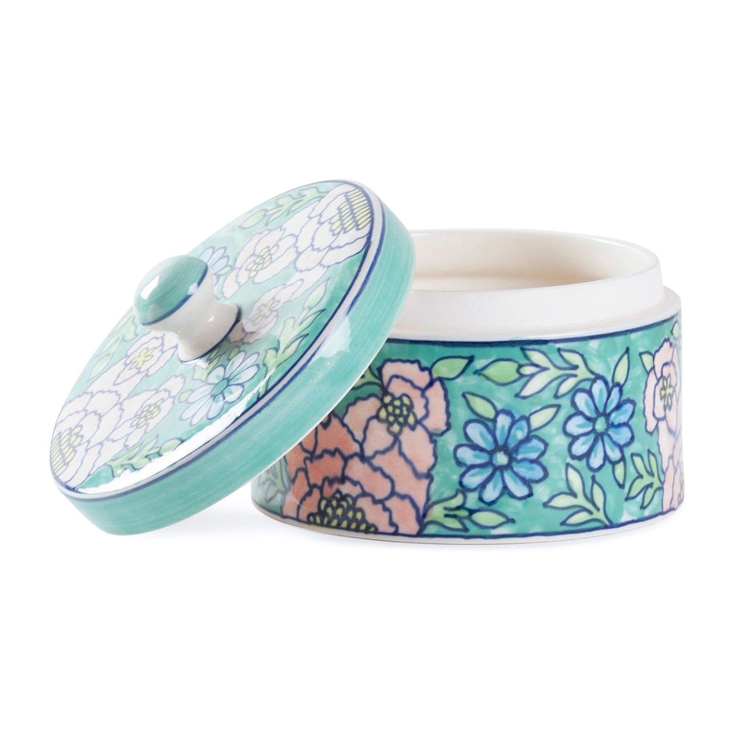 Handpainted Ceramic Container Round Shape with Ceramic Lid (S)