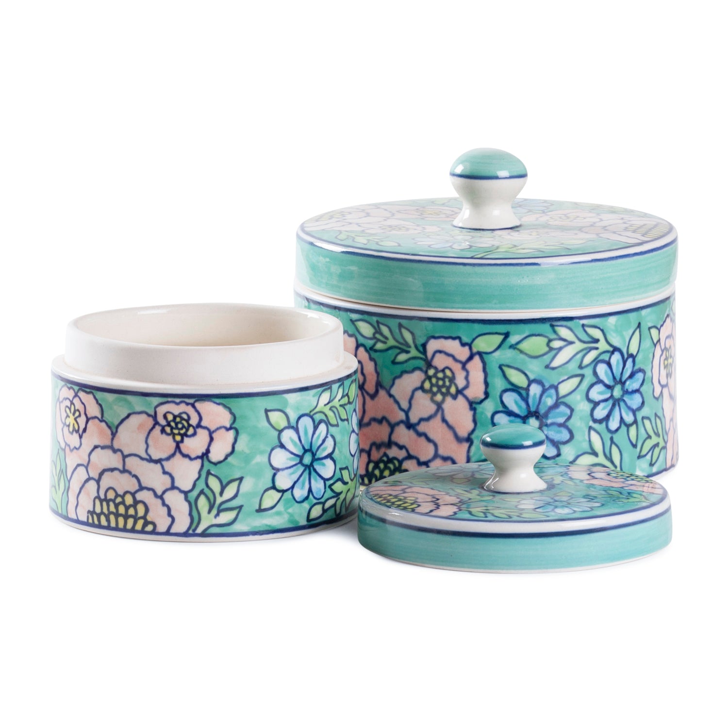Handpainted Ceramic Container Round Shape with Ceramic Lid (S)