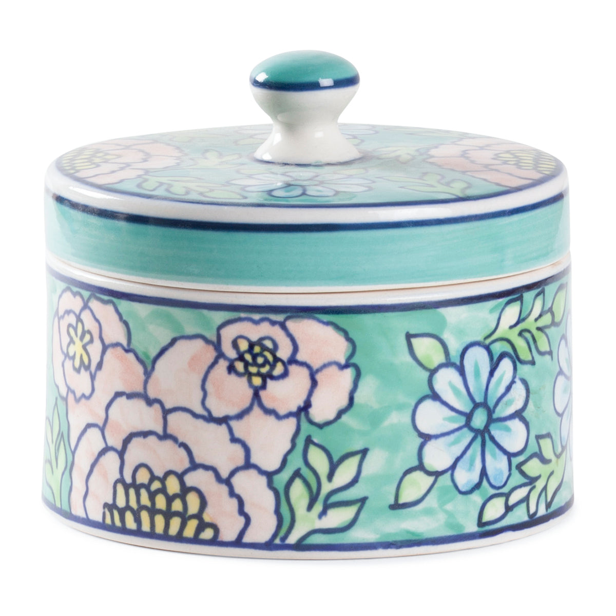 Handpainted Ceramic Container Round Shape with Ceramic Lid (S)