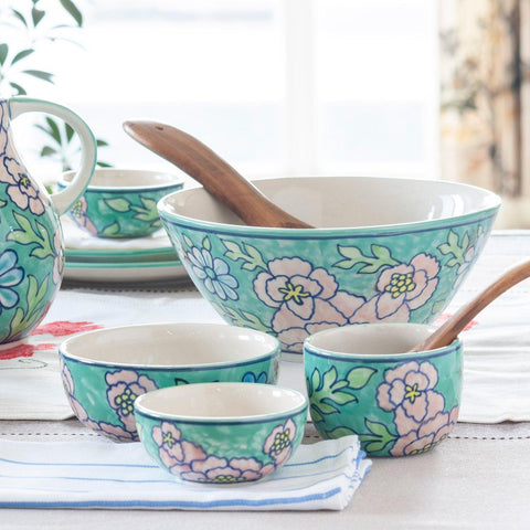 Blossoms Serving Bowl Set of 2, Turquoise & Pink - Eyaas