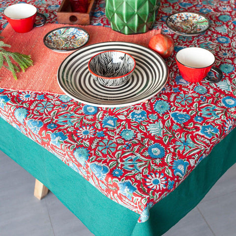 Block Print Table Cover, 60x90 Inches, Red & Green - Eyaas