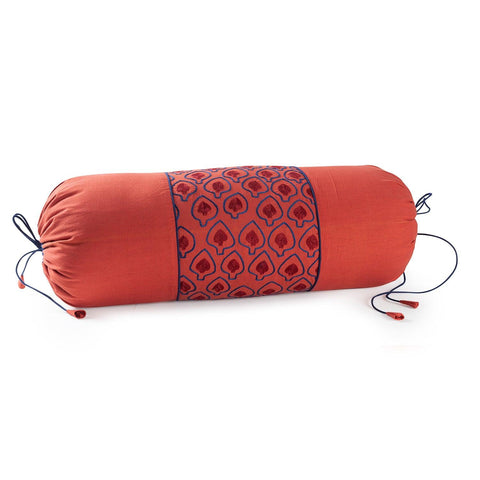 Rust and Blue Bolster Cover Hand Embroidered 14x30 - Eyaas