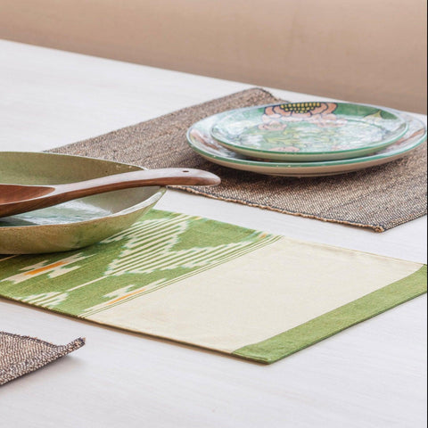 Cotton Ikat Table Runner - 13 x 58, Green & Lemon Yellow - Eyaas