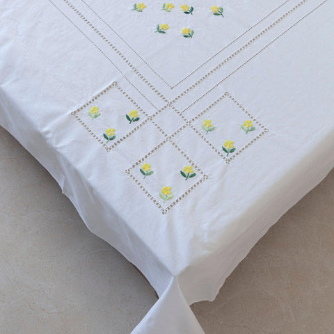 Chikankari King Size Bed Sheet Cover, White & Yellow - Eyaas
