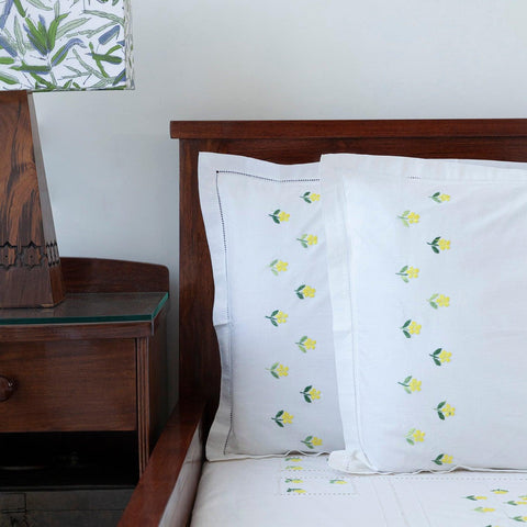 Chikankari King Size Bed Sheet Cover, White & Yellow - Eyaas