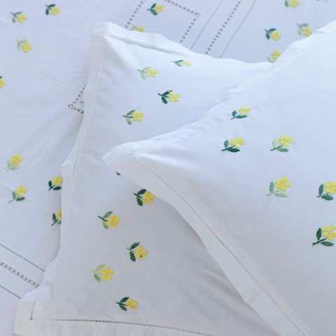 Chikankari King Size Bed Sheet Cover, White & Yellow - Eyaas