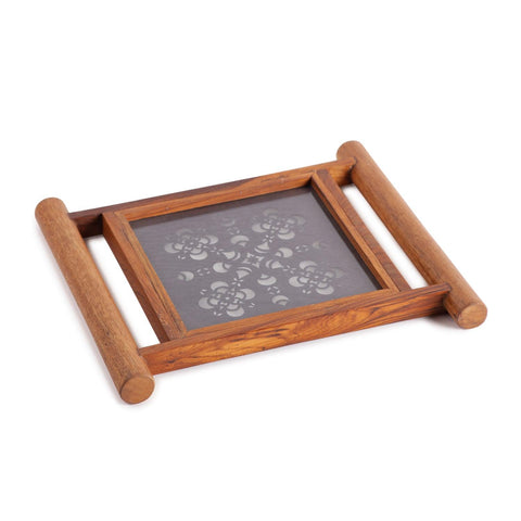 Sanjhi & Teakwood Tray - 8x8 Inches, Black - Eyaas