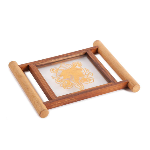 Sanjhi & Teakwood Tray, 8x8 Inches Orange - Eyaas
