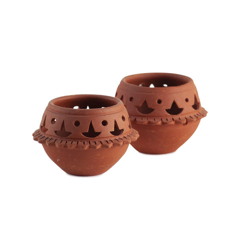 Handcrafted Diya Matka Set of 2 – Diya Cuts with Rim - Eyaas