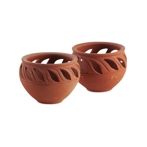 Matka Clay Diya Set of 2 Festival Lights – Leaf Cuts - Eyaas