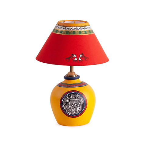 Warli Terracotta Lamp, Yellow & Red, 14x10 Inches - Eyaas