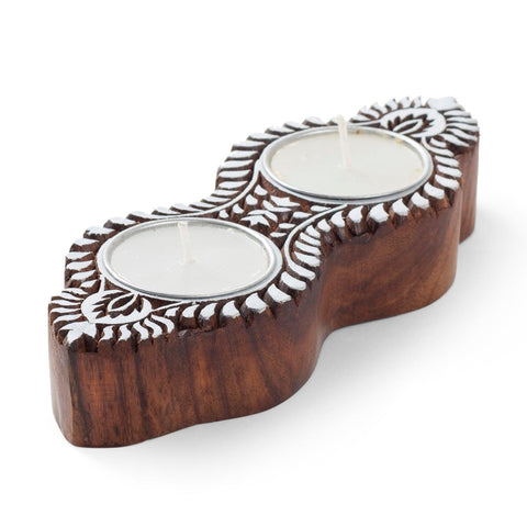 Wooden Block Double T-light Maryam Candle Holder - Eyaas