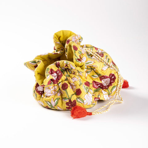 Hand Block Printed Cotton Drawstring Tea Cozy - Yellow - Eyaas