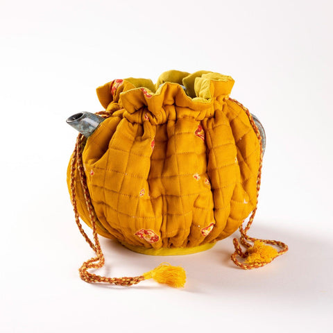 Handmade Cotton Tie & Dye Drawstring Tea Cozy - Mustard - Eyaas