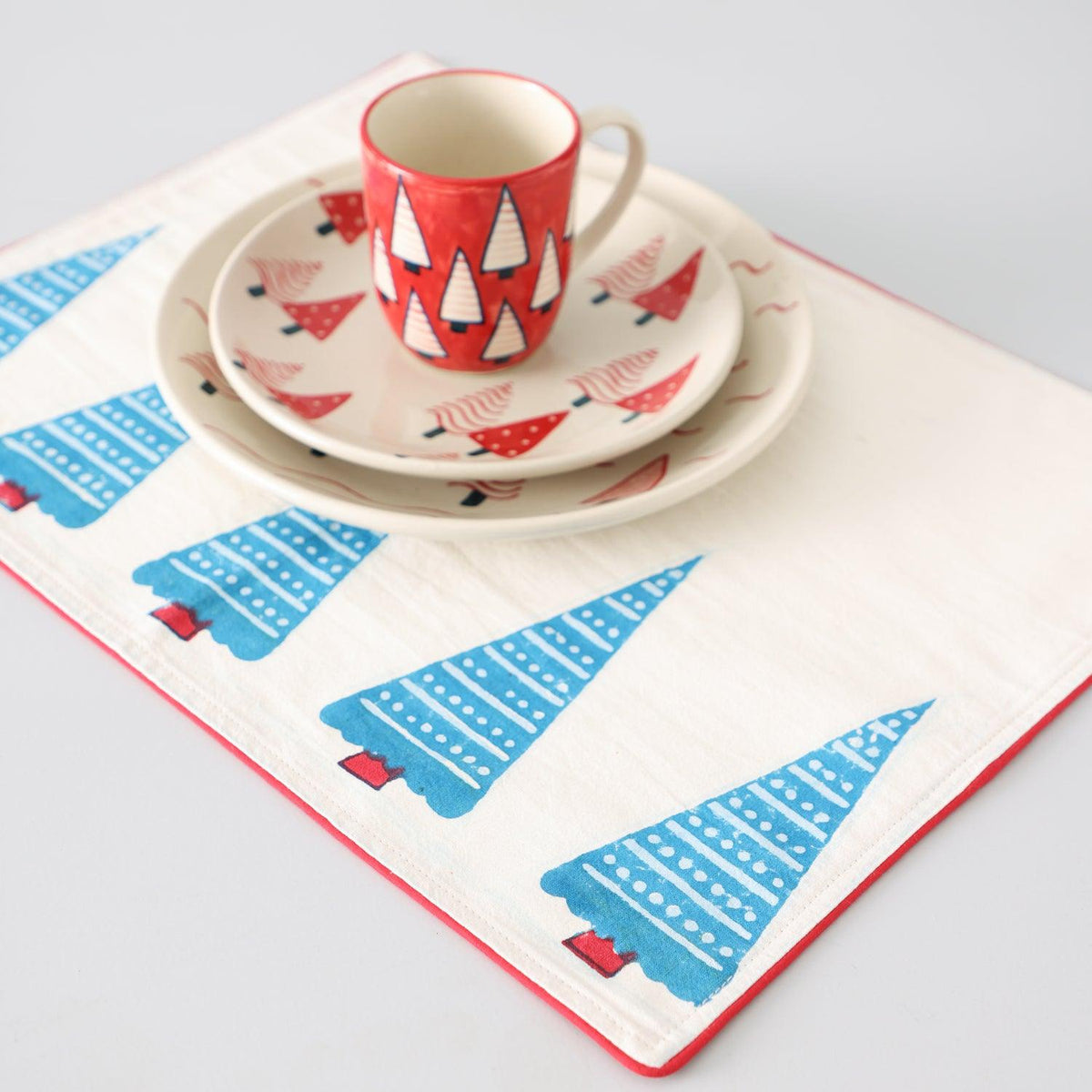 Tree Hand Block Printed Cotton Table Mat, Blue & Red - Eyaas