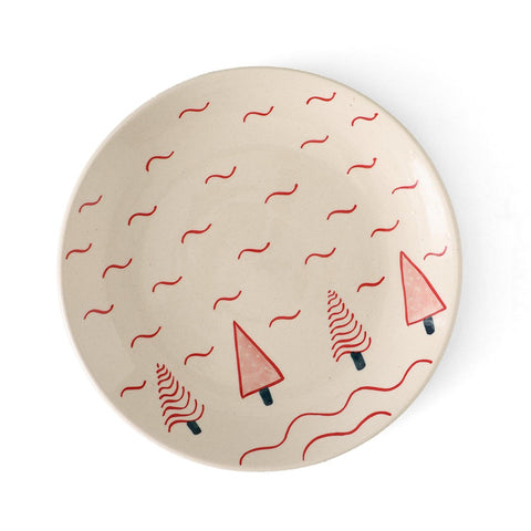 Dinner Plate - 10 Inch, White & Red, Trees & Waves - Eyaas