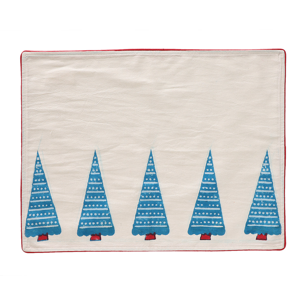 Hand Block Printed Cotton Table Mat in White, Blue & Red Tree Pattern - 14x18
